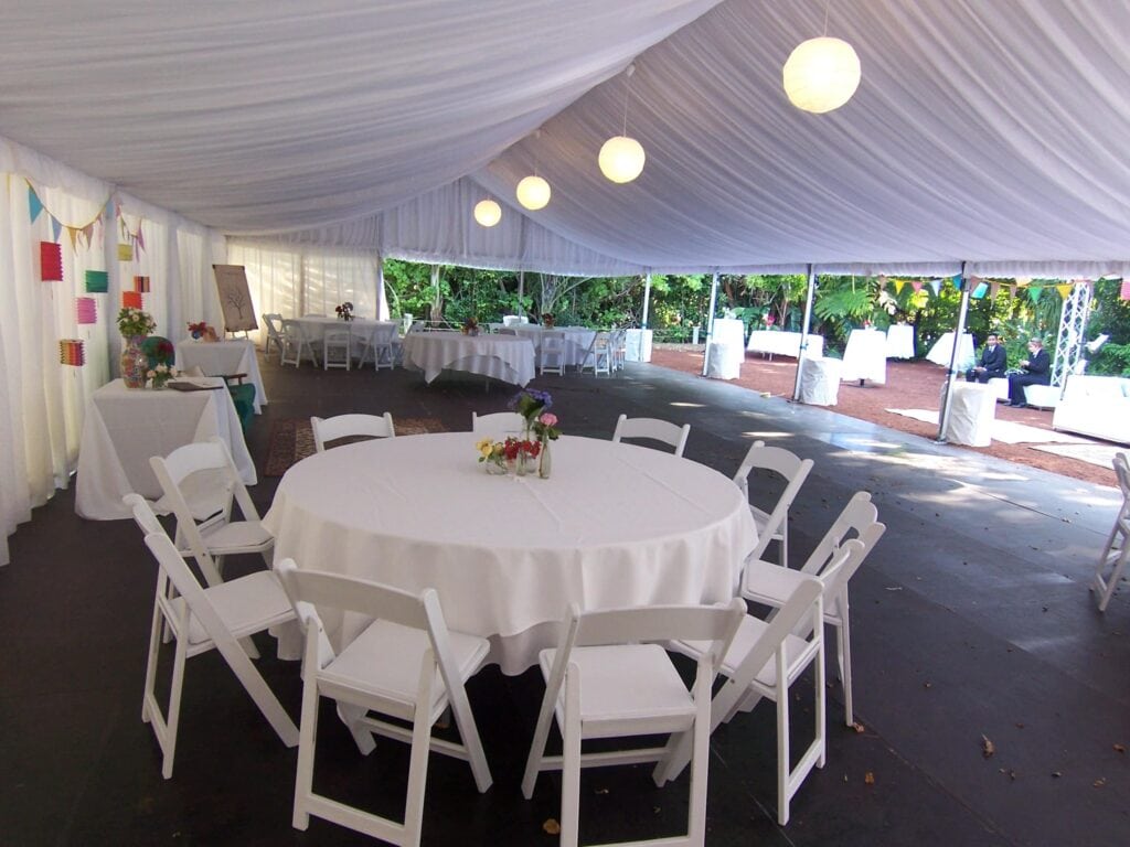 A photo of an event under a marquee.